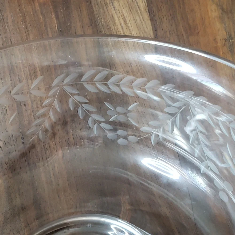 Vintage Botanical Etched Glass Serving Salad Bowl